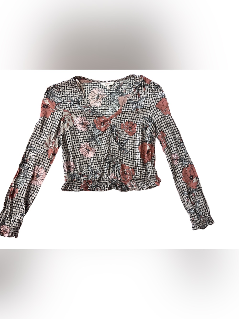 Candie's Black Floral Smocked Waist Long Sleeve Blouse with Pink Flowers